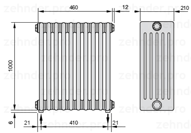 Схема (чертеж) Радиатор Zehnder Charleston 6100/10 №5310 Белый глянцевый RAL 9016